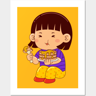 girl kids eating pancake Posters and Art